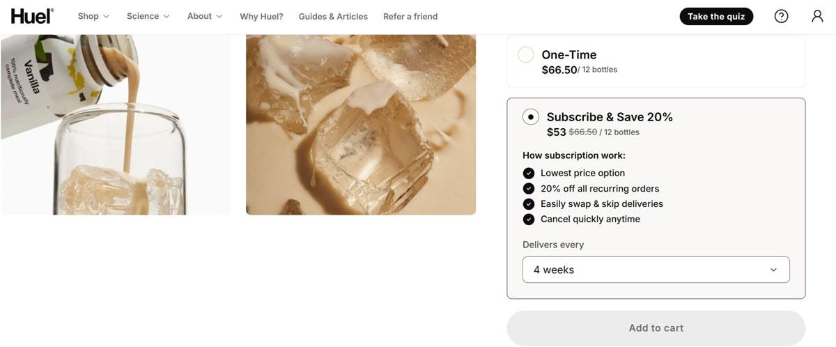 Huel product page showing subscription upselling with 20% discount offer, flexible delivery options, and clear terms for customer confidence